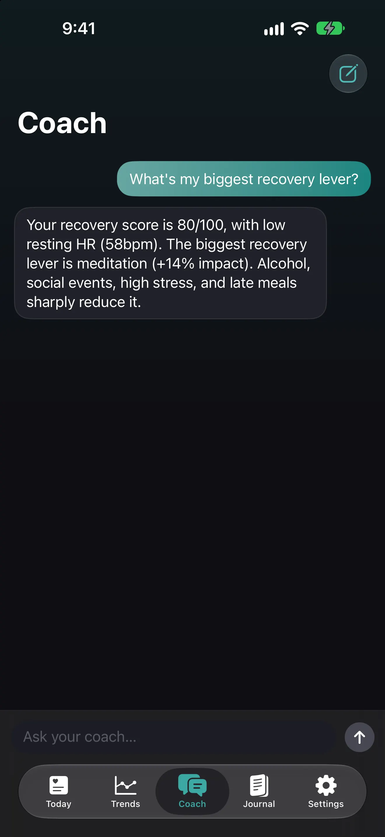 Pulse Coach chat answering 'What's my biggest recovery lever?' using the user's own sleep and journal data, generated on-device