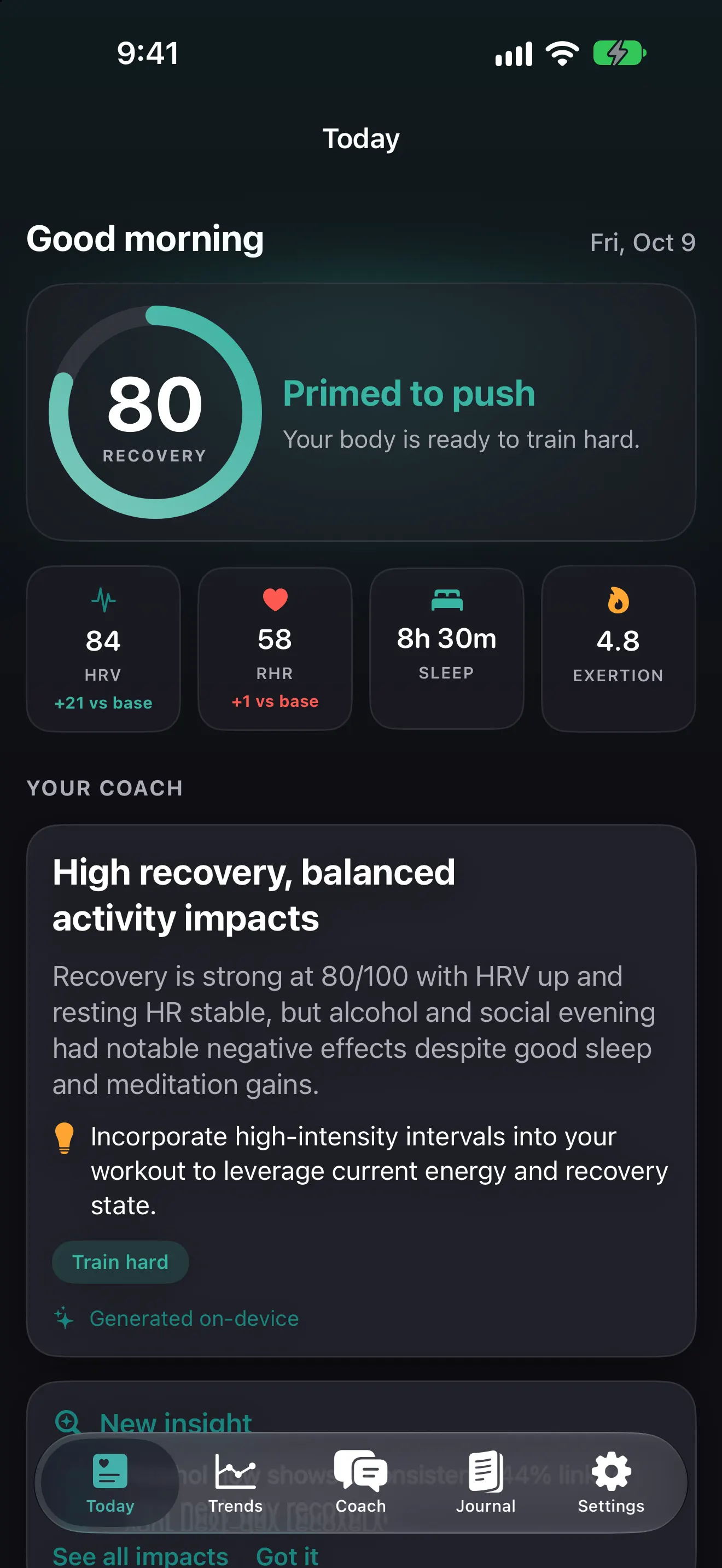 Pulse Coach Today screen showing a recovery score of 80, HRV 84 ms, resting heart rate 58, 8 hours 30 minutes of sleep and exertion 4.8, with an on-device coach briefing