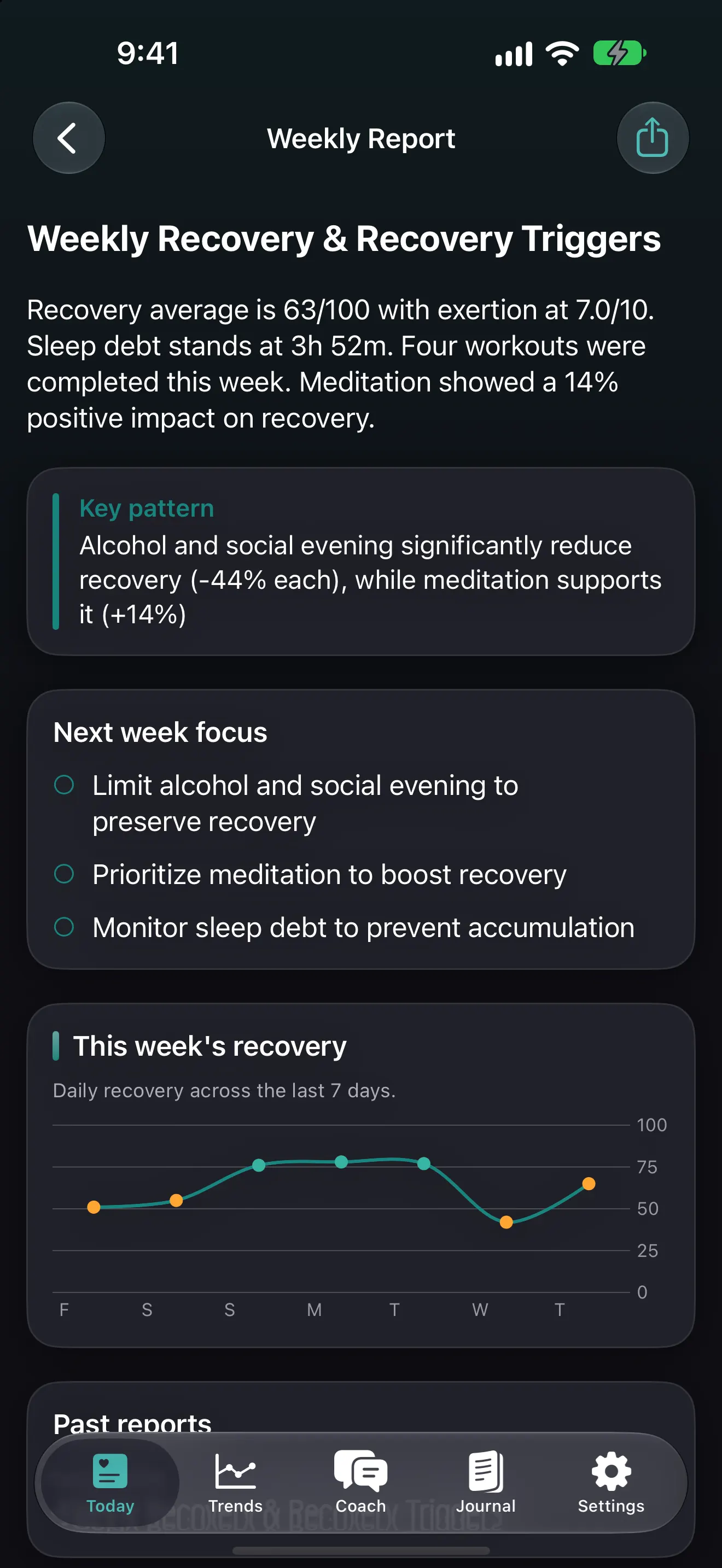 Pulse Coach weekly report with average recovery, sleep debt, a key pattern and next week's focus