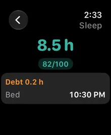 Pulse Coach Apple Watch sleep screen showing 8.5 hours asleep and sleep debt